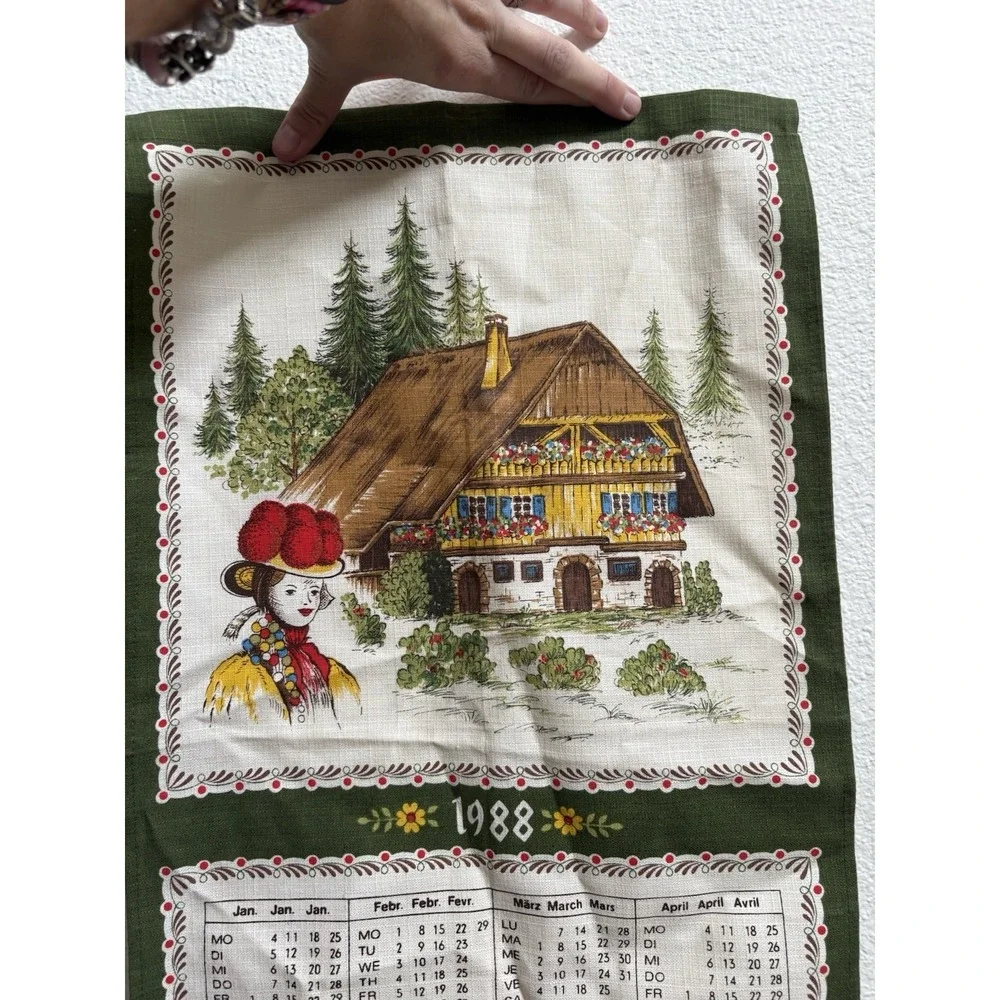 Vintage Linen 1988 German Folk Art Kitchen Calendar Tea Towel Piepmats Dessin